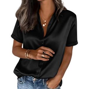 imagePRETTYGARDEN Womens 2026 Summer Button Down Shirts Short Sleeve Work Tops Dressy Satin Blouses Spring Business Casual OutfitsBlack