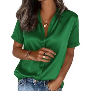 imagePRETTYGARDEN Womens 2026 Summer Button Down Shirts Short Sleeve Work Tops Dressy Satin Blouses Spring Business Casual OutfitsGreen