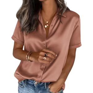 imagePRETTYGARDEN Womens 2026 Summer Button Down Shirts Short Sleeve Work Tops Dressy Satin Blouses Spring Business Casual OutfitsLight Coffee
