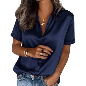 imagePRETTYGARDEN Womens 2026 Summer Button Down Shirts Short Sleeve Work Tops Dressy Satin Blouses Spring Business Casual OutfitsNavy Blue
