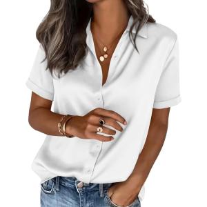 imagePRETTYGARDEN Womens 2026 Summer Button Down Shirts Short Sleeve Work Tops Dressy Satin Blouses Spring Business Casual OutfitsWhite