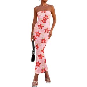 imagePRETTYGARDEN Womens 2026 Summer Floral Bodycon Maxi Dresses Ribbed Strapless Tube Casual Boho Party Long DressFloral Pink Red