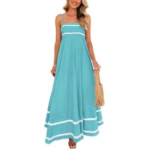imagePRETTYGARDEN Womens 2026 Summer Flowy Maxi Dress Casual Sleeveless Spaghetti Strap Ruffle Beach Long DressesAqua Green