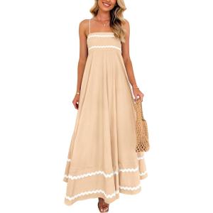 imagePRETTYGARDEN Womens 2026 Summer Flowy Maxi Dress Casual Sleeveless Spaghetti Strap Ruffle Beach Long DressesBeige