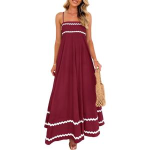 imagePRETTYGARDEN Womens 2026 Summer Flowy Maxi Dress Casual Sleeveless Spaghetti Strap Ruffle Beach Long DressesDark Red
