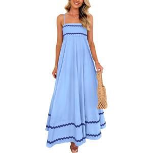 imagePRETTYGARDEN Womens 2026 Summer Flowy Maxi Dress Casual Sleeveless Spaghetti Strap Ruffle Beach Long DressesLight Blue