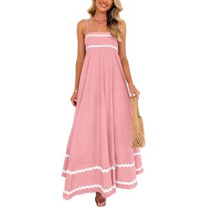 imagePRETTYGARDEN Womens 2026 Summer Flowy Maxi Dress Casual Sleeveless Spaghetti Strap Ruffle Beach Long DressesPink