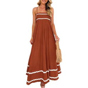 imagePRETTYGARDEN Womens 2026 Summer Flowy Maxi Dress Casual Sleeveless Spaghetti Strap Ruffle Beach Long DressesRust