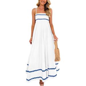 imagePRETTYGARDEN Womens 2026 Summer Flowy Maxi Dress Casual Sleeveless Spaghetti Strap Ruffle Beach Long DressesWhite Blue