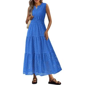 imagePRETTYGARDEN Womens 2026 Summer Maxi Dresses Sleeveless Sundresses V Neck Eyelet A Line Long Flowy Spring Wedding Guest DressBlue