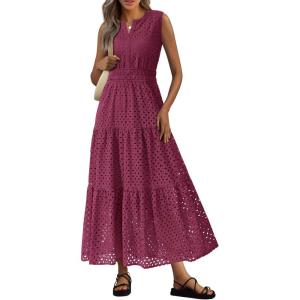 imagePRETTYGARDEN Womens 2026 Summer Maxi Dresses Sleeveless Sundresses V Neck Eyelet A Line Long Flowy Spring Wedding Guest DressBurgundy