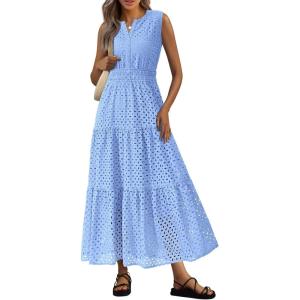 imagePRETTYGARDEN Womens 2026 Summer Maxi Dresses Sleeveless Sundresses V Neck Eyelet A Line Long Flowy Spring Wedding Guest DressLight Blue