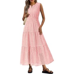 imagePRETTYGARDEN Womens 2026 Summer Maxi Dresses Sleeveless Sundresses V Neck Eyelet A Line Long Flowy Spring Wedding Guest DressPink