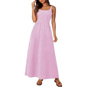 imagePRETTYGARDEN Womens 2026 Summer Spaghetti Strap Maxi Dresses Plaid Square Neck A Line Casual Beach Vacation Long SundressPink Purple