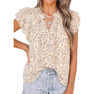 imagePRETTYGARDEN Womens Boho Flutter Sleeve Blouses Floral Print V Neck Summer Tops Casual Dressy Work Shirts Spring ClothesApricot Red Flower