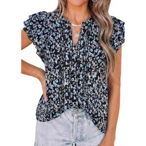 imagePRETTYGARDEN Womens Boho Flutter Sleeve Blouses Floral Print V Neck Summer Tops Casual Dressy Work Shirts Spring ClothesBlack Blue Flower