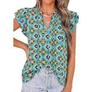 imagePRETTYGARDEN Womens Boho Flutter Sleeve Blouses Floral Print V Neck Summer Tops Casual Dressy Work Shirts Spring ClothesBlue Purple Floral