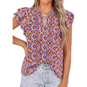 imagePRETTYGARDEN Womens Boho Flutter Sleeve Blouses Floral Print V Neck Summer Tops Casual Dressy Work Shirts Spring ClothesFloral Purple Red