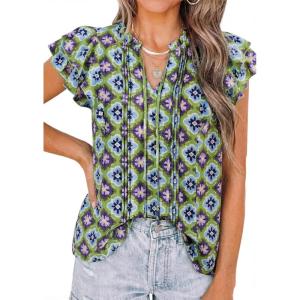 imagePRETTYGARDEN Womens Boho Flutter Sleeve Blouses Floral Print V Neck Summer Tops Casual Dressy Work Shirts Spring ClothesGreen Blue Flower
