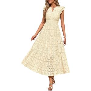 imagePRETTYGARDEN Womens Boho Maxi Dresses 2026 Summer Floral Lace Eyelet V Neck Spring Wedding Guest Dress Beach Vacation ClothesBeige
