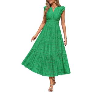imagePRETTYGARDEN Womens Boho Maxi Dresses 2026 Summer Floral Lace Eyelet V Neck Spring Wedding Guest Dress Beach Vacation ClothesGreen