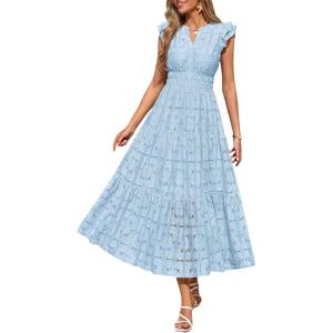 imagePRETTYGARDEN Womens Boho Maxi Dresses 2026 Summer Floral Lace Eyelet V Neck Spring Wedding Guest Dress Beach Vacation ClothesLight Blue