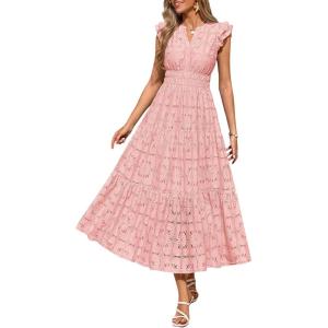 imagePRETTYGARDEN Womens Boho Maxi Dresses 2026 Summer Floral Lace Eyelet V Neck Spring Wedding Guest Dress Beach Vacation ClothesPink