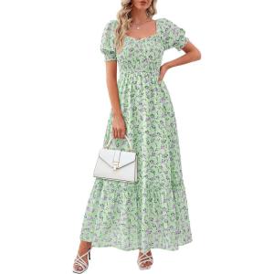 imagePRETTYGARDEN Womens Floral Boho Maxi Dresses Flowy Short Sleeve A Line Smocked Eyelet 2026 Summer Beach Vacation ClothesFloral Light Green