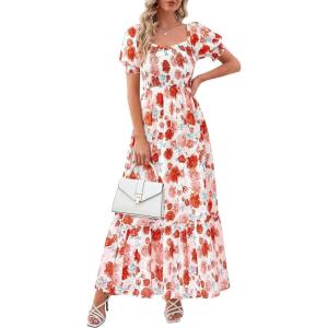 imagePRETTYGARDEN Womens Floral Boho Maxi Dresses Flowy Short Sleeve A Line Smocked Eyelet 2026 Summer Beach Vacation ClothesFloral Orange Red