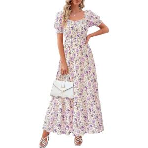 imagePRETTYGARDEN Womens Floral Boho Maxi Dresses Flowy Short Sleeve A Line Smocked Eyelet 2026 Summer Beach Vacation ClothesFloral Purple