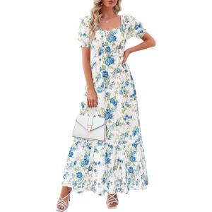 imagePRETTYGARDEN Womens Floral Boho Maxi Dresses Flowy Short Sleeve A Line Smocked Eyelet 2026 Summer Beach Vacation ClothesFloral White Blue