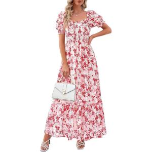 imagePRETTYGARDEN Womens Floral Boho Maxi Dresses Flowy Short Sleeve A Line Smocked Eyelet 2026 Summer Beach Vacation ClothesFloral White Red