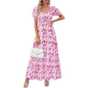 imagePRETTYGARDEN Womens Floral Boho Maxi Dresses Flowy Short Sleeve A Line Smocked Eyelet 2026 Summer Beach Vacation ClothesLeaves Pink