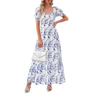 imagePRETTYGARDEN Womens Floral Boho Maxi Dresses Flowy Short Sleeve A Line Smocked Eyelet 2026 Summer Beach Vacation ClothesLeaves Sky Blue
