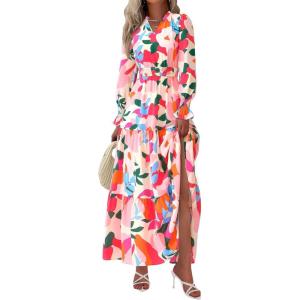 imagePRETTYGARDEN Womens Floral Maxi Dress 2026 Fall Long Sleeve V Neck A Line Long Flowy Spring Party Boho DressesFloral Apricot Rose Red