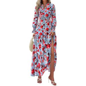 imagePRETTYGARDEN Womens Floral Maxi Dress 2026 Fall Long Sleeve V Neck A Line Long Flowy Spring Party Boho DressesFloral Blue Red