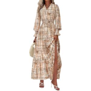 imagePRETTYGARDEN Womens Floral Maxi Dress 2026 Fall Long Sleeve V Neck A Line Long Flowy Spring Party Boho DressesFloral Khaki