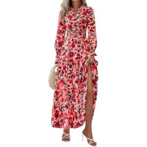 imagePRETTYGARDEN Womens Floral Maxi Dress 2026 Fall Long Sleeve V Neck A Line Long Flowy Spring Party Boho DressesFloral Orange Pink Red