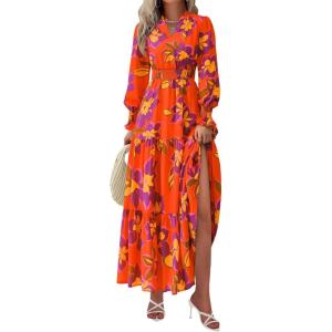 imagePRETTYGARDEN Womens Floral Maxi Dress 2026 Fall Long Sleeve V Neck A Line Long Flowy Spring Party Boho DressesFloral Orange Purple