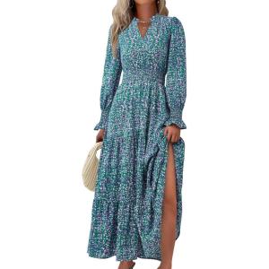 imagePRETTYGARDEN Womens Floral Maxi Dress 2026 Fall Long Sleeve V Neck A Line Long Flowy Spring Party Boho DressesFloral Purple Green