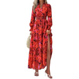 imagePRETTYGARDEN Womens Floral Maxi Dress 2026 Fall Long Sleeve V Neck A Line Long Flowy Spring Party Boho DressesFloral Red