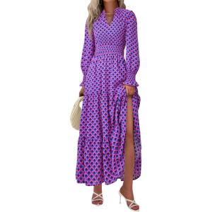 imagePRETTYGARDEN Womens Floral Maxi Dress 2026 Fall Long Sleeve V Neck A Line Long Flowy Spring Party Boho DressesPlaid Blue Pink