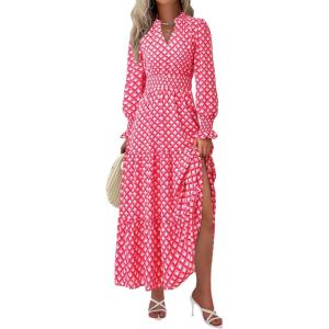 imagePRETTYGARDEN Womens Floral Maxi Dress 2026 Fall Long Sleeve V Neck A Line Long Flowy Spring Party Boho DressesPlaid Pink