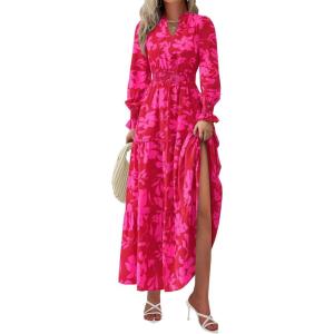 imagePRETTYGARDEN Womens Floral Maxi Dress 2026 Fall Long Sleeve V Neck A Line Long Flowy Spring Party Boho DressesRed Big Floral