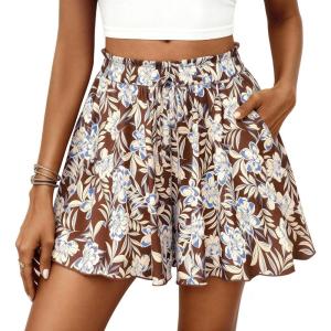 imagePRETTYGARDEN Womens Flowy Shorts Summer Fashion 2026 Beach Vacation Clothes Casual High Waist Wide Leg Ruffle ShortsPrint Brown