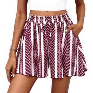 imagePRETTYGARDEN Womens Flowy Shorts Summer Fashion 2026 Beach Vacation Clothes Casual High Waist Wide Leg Ruffle ShortsPrint Burgundy White
