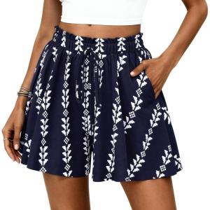 imagePRETTYGARDEN Womens Flowy Shorts Summer Fashion 2026 Beach Vacation Clothes Casual High Waist Wide Leg Ruffle ShortsPrint Navy White
