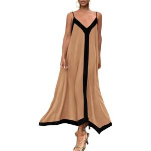 imagePRETTYGARDEN Womens Maxi Dress 2026 Summer Sundress V Neck Spaghetti Strap Flowy Elegant Party Dresses Beach Vacation ClothesKhaki