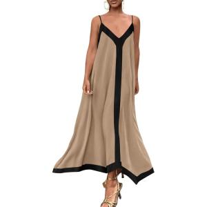 imagePRETTYGARDEN Womens Maxi Dress 2026 Summer Sundress V Neck Spaghetti Strap Flowy Elegant Party Dresses Beach Vacation ClothesLight Khaki