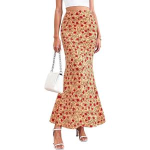 imagePRETTYGARDEN Womens Maxi Skirt 2026 Summer Flowy Polka Dot Floral High Waisted Mermaid Office Work Spring Long Slip SkirtsBeige Red Flower